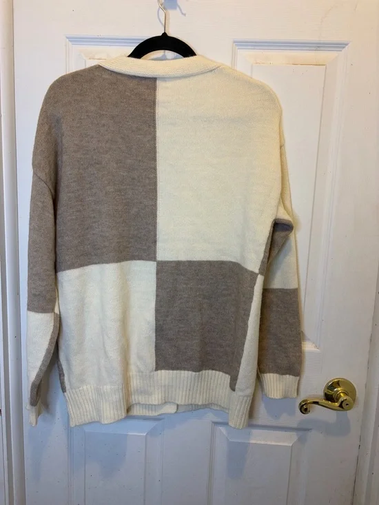 Petal & Pup Millie Check Cream & Taupe Oversized Colorblock Knit Cardigan - Picture 2 of 4